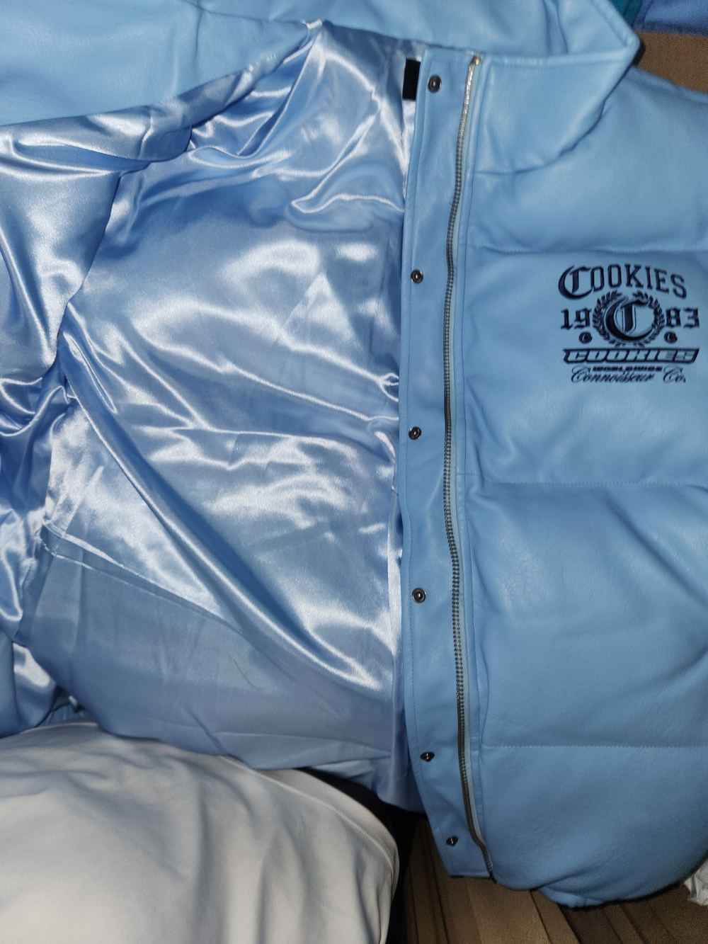 Cookies Light Blue Puffer Jacket with Satin Interior
